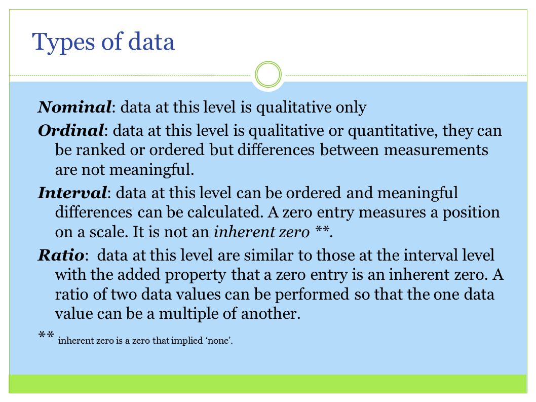Types of data ** inherent zero is a zero that implied ‘none’.