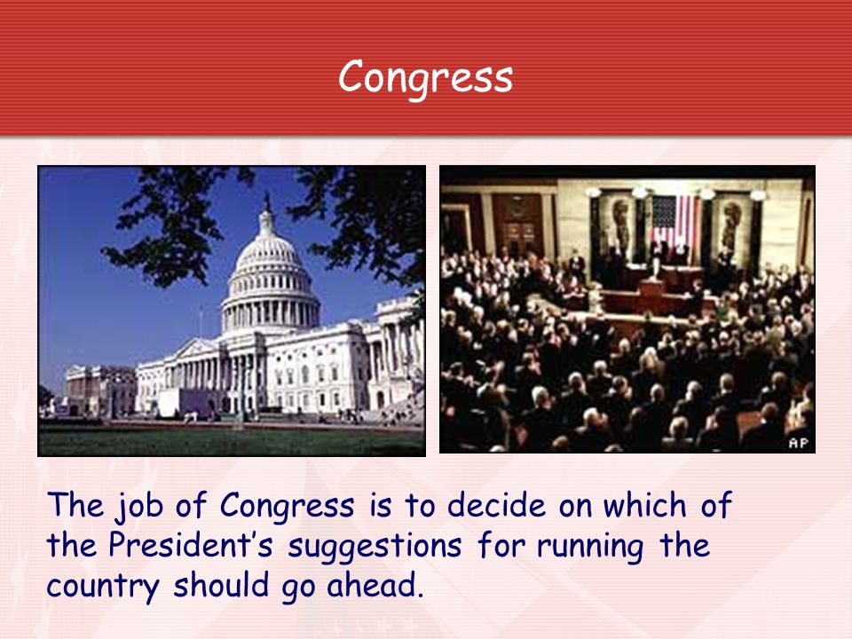 Congress The job of Congress is to decide on which of the President’s suggestions for running the country should go ahead.