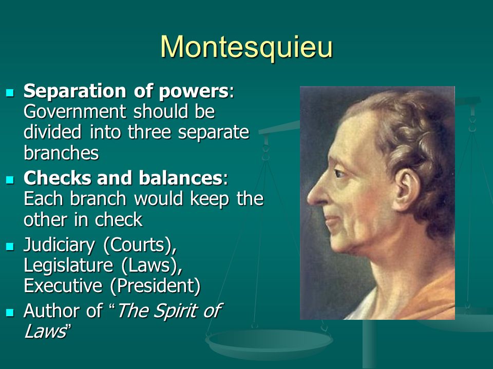 Montesquieu Separation of powers: Government should be divided into three separate branches.