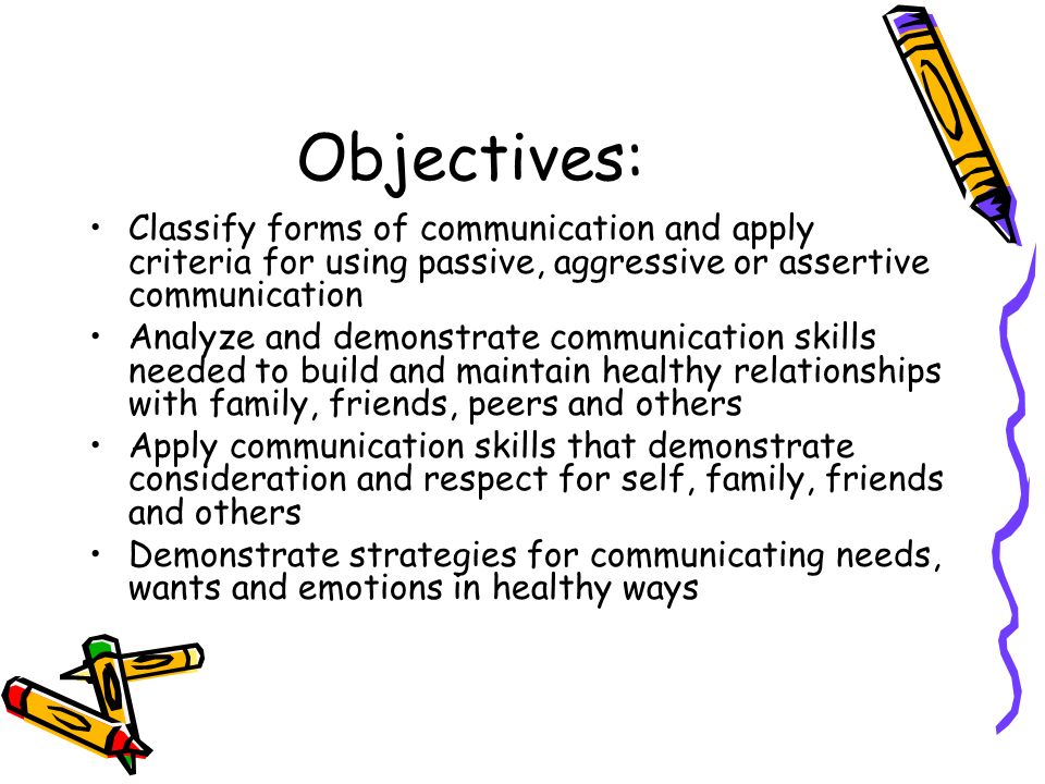 Objectives: Classify forms of communication and apply criteria for using passive, aggressive or assertive communication.