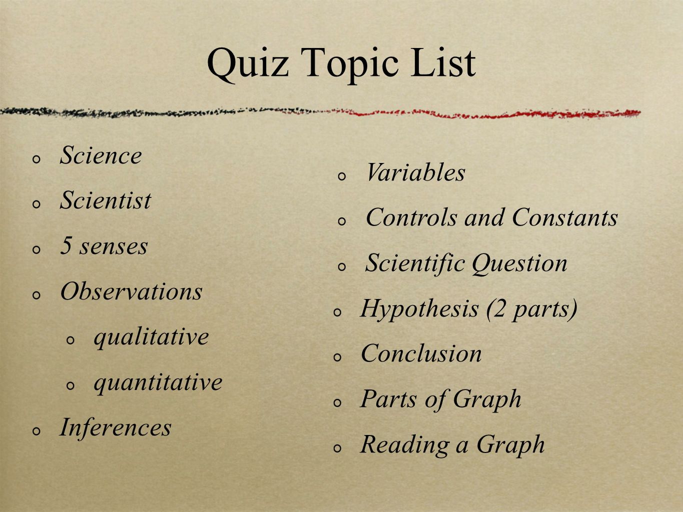 Quiz Topic List Control Variables Controls and Constants Science