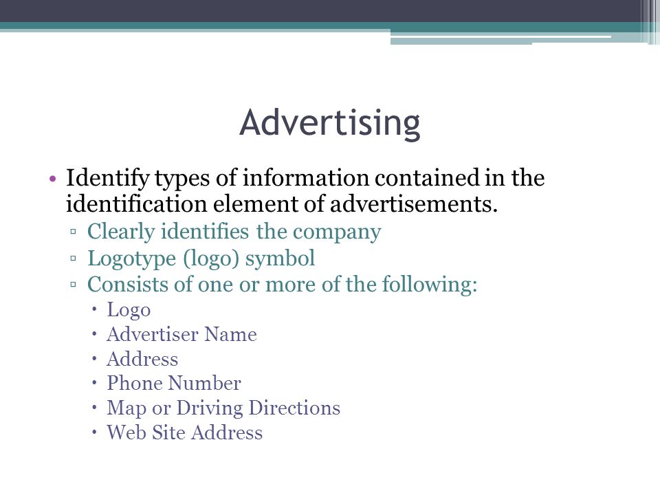 Advertising Identify types of information contained in the identification element of advertisements.