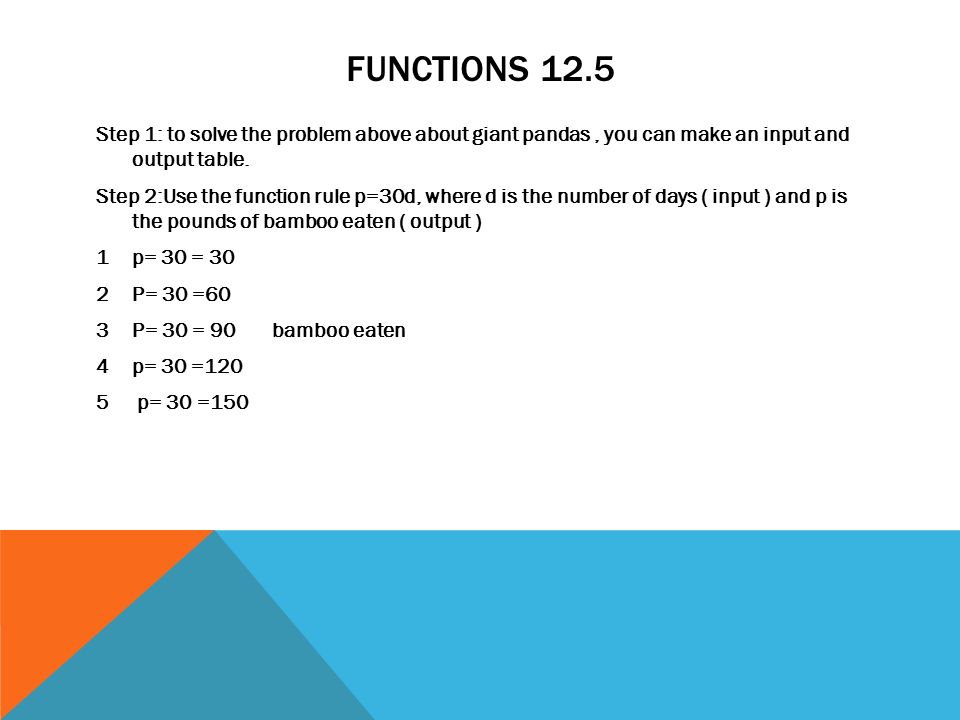 Functions 12.5 Step 1: to solve the problem above about giant pandas , you can make an input and output table.