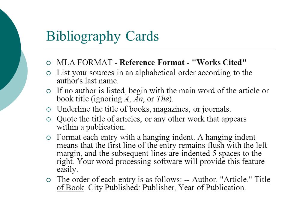 Bibliography Cards MLA FORMAT - Reference Format - Works Cited
