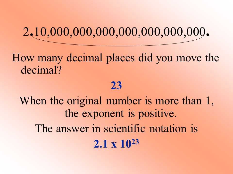 2.10,000,000,000,000,000,000,000. How many decimal places did you move the decimal 23.