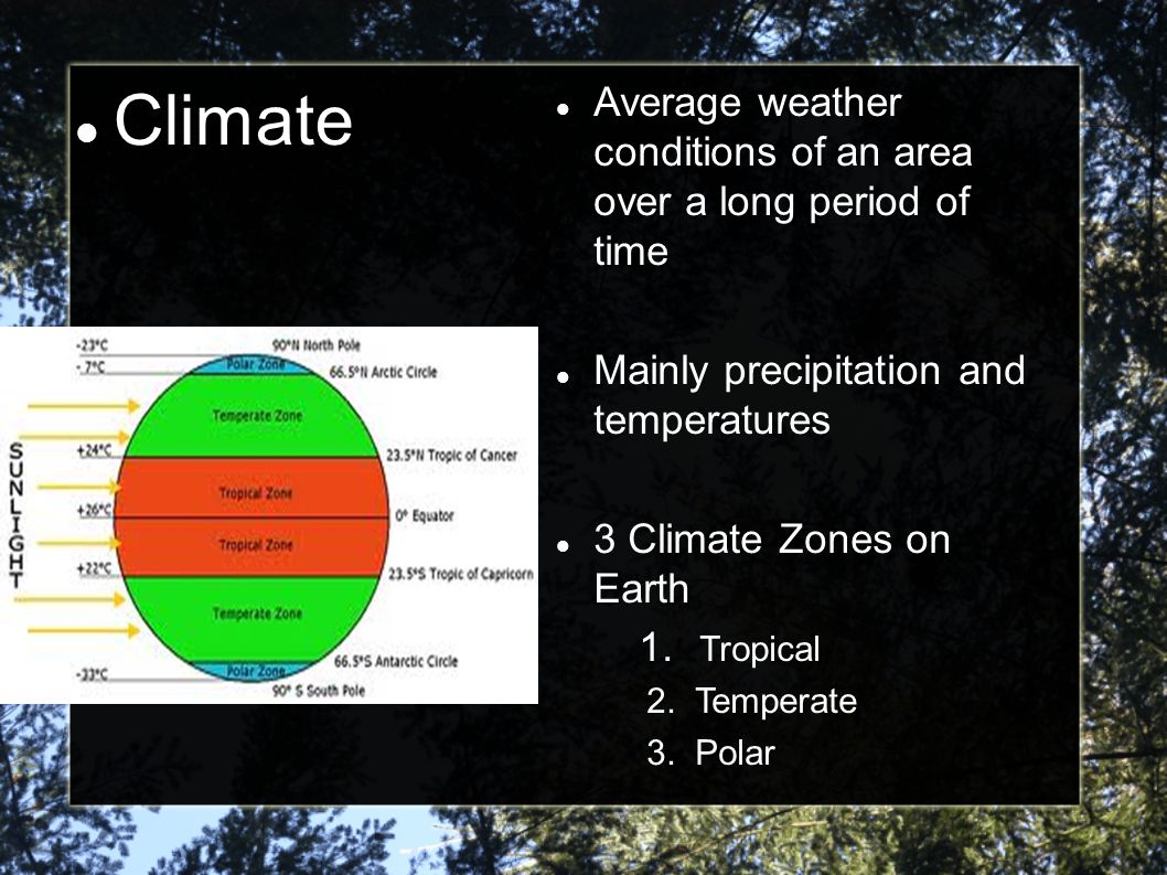 Climate Average weather conditions of an area over a long period of time. Mainly precipitation and temperatures.