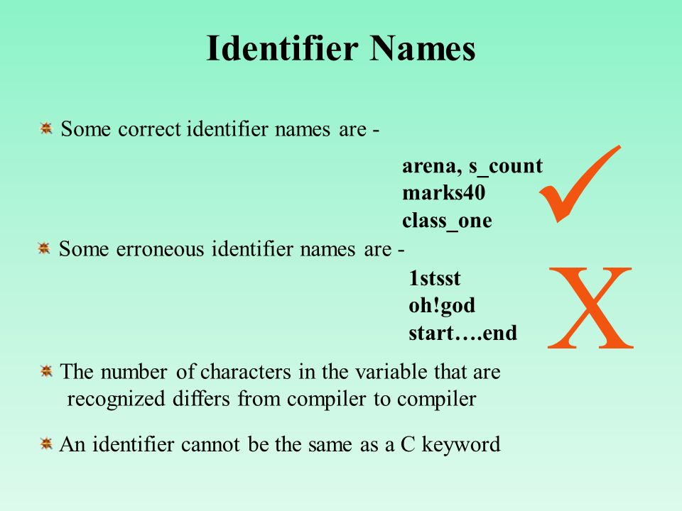 X Identifier Names Some correct identifier names are -