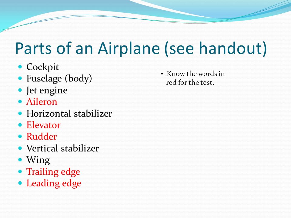 Parts of an Airplane (see handout)