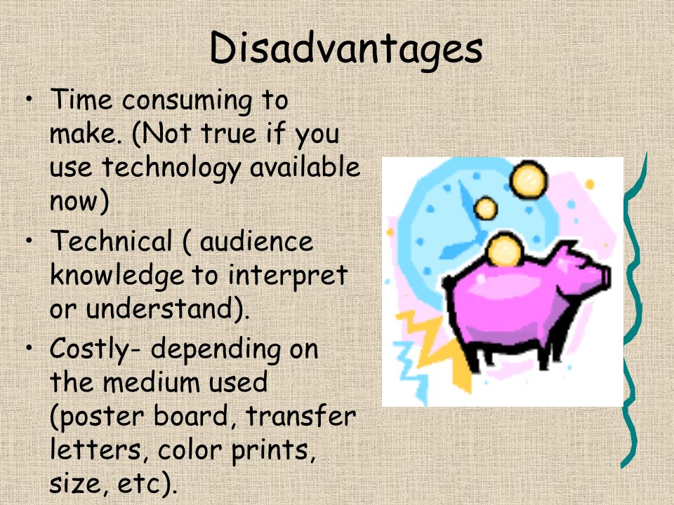 Disadvantages Time consuming to make. (Not true if you use technology available now) Technical ( audience knowledge to interpret or understand).