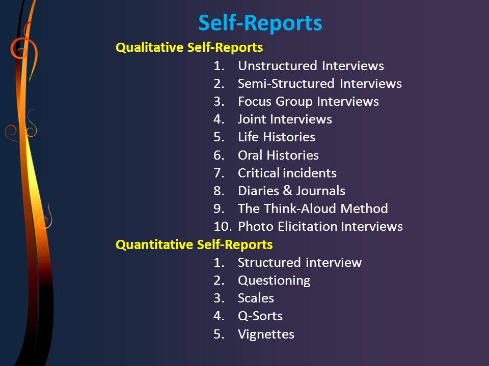 Self-Reports Qualitative Self-Reports Unstructured Interviews