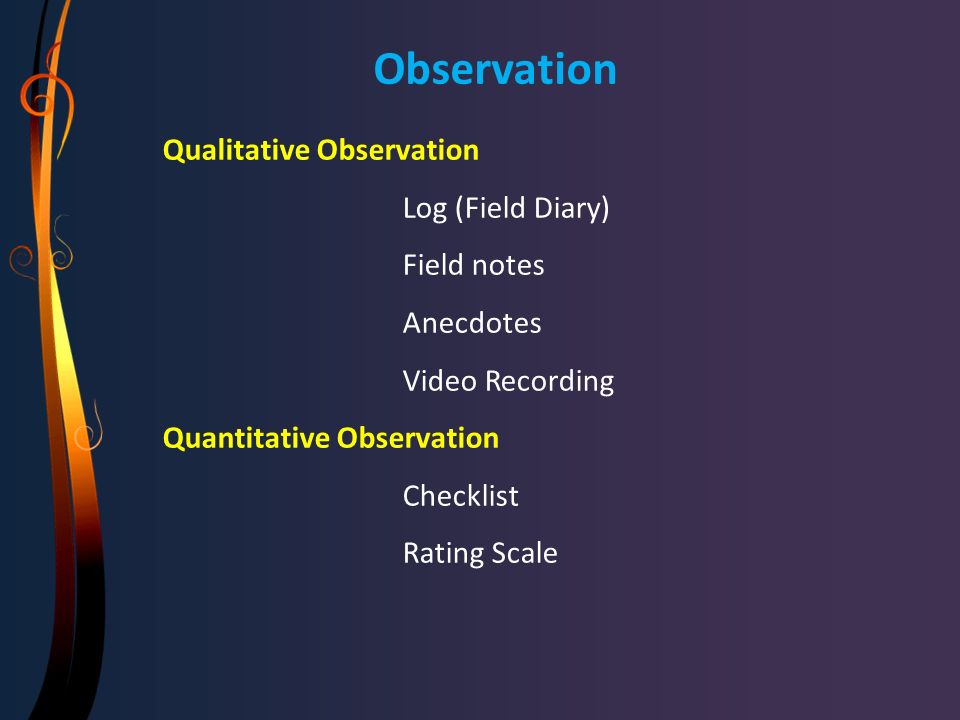 Observation Qualitative Observation Log (Field Diary) Field notes