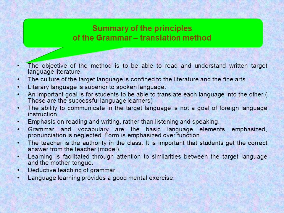Summary of the principles of the Grammar – translation method