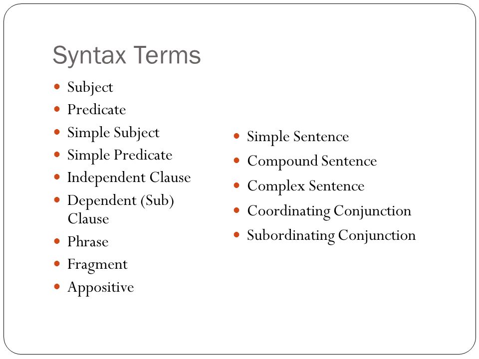 Syntax Terms Subject Predicate Simple Subject Simple Predicate