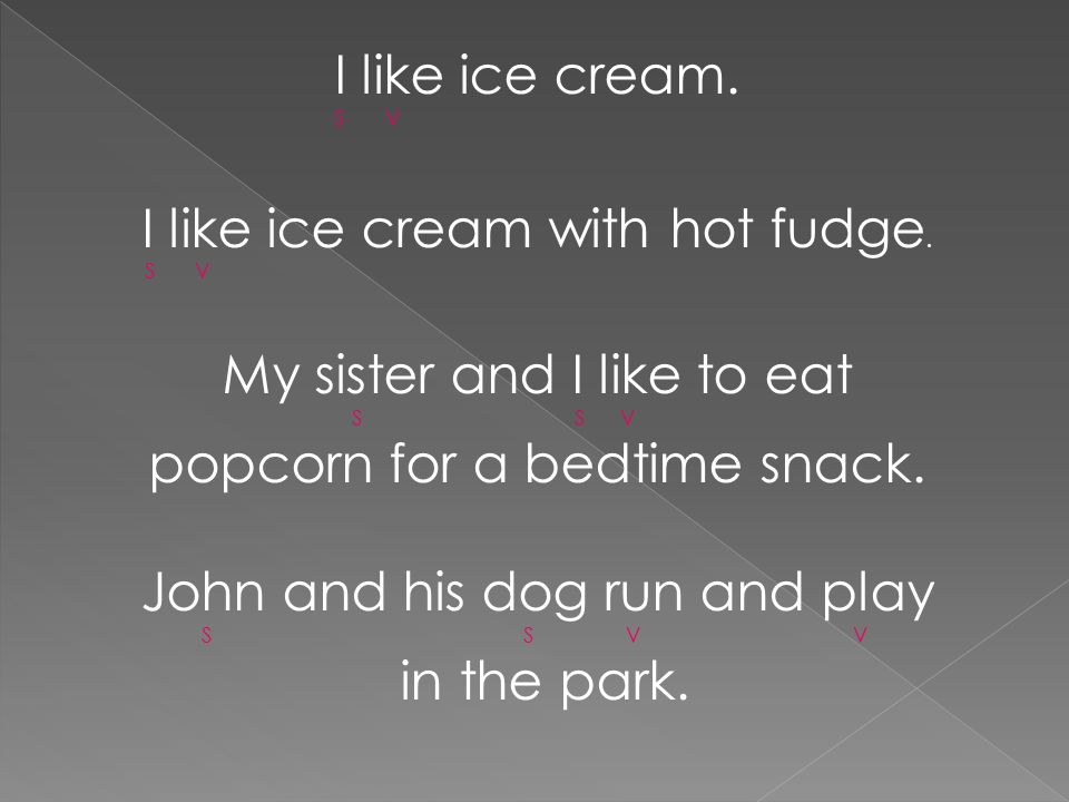 I like ice cream with hot fudge. My sister and I like to eat