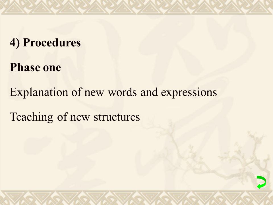 4) Procedures Phase one Explanation of new words and expressions Teaching of new structures