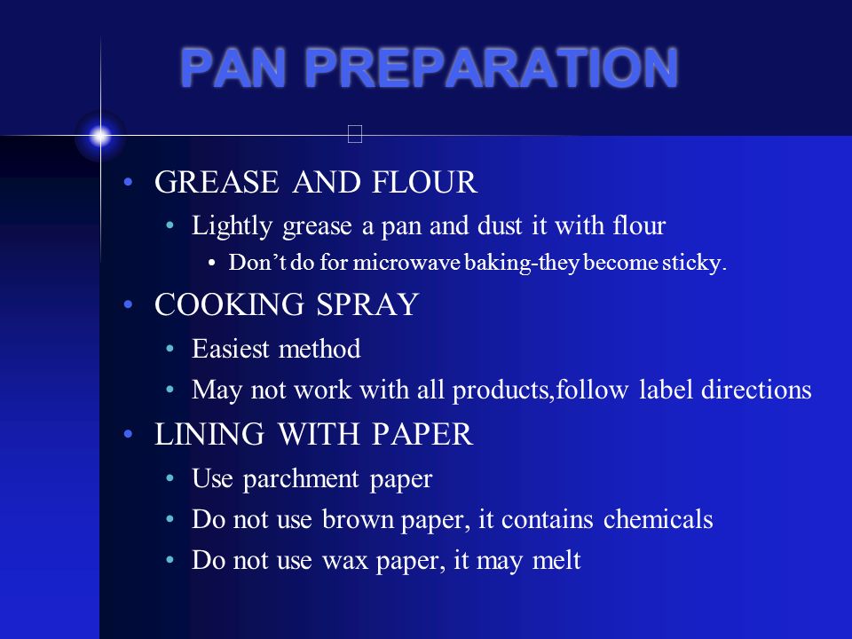 PAN PREPARATION GREASE AND FLOUR COOKING SPRAY LINING WITH PAPER