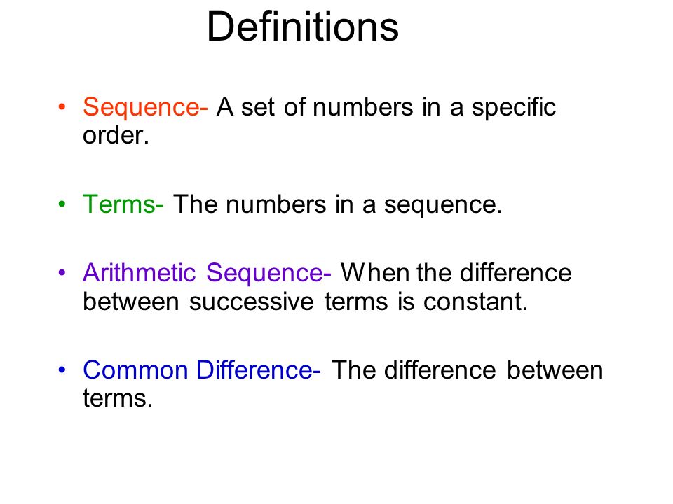 Definitions Sequence- A set of numbers in a specific order.