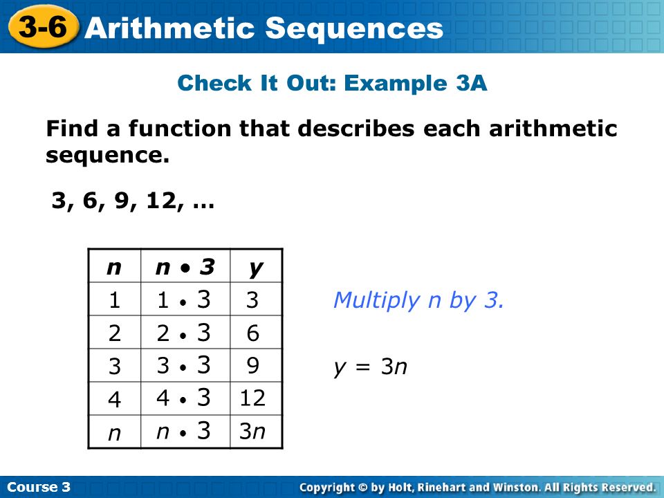 Check It Out: Example 3A Find a function that describes each arithmetic sequence. 3, 6, 9, 12, … n.