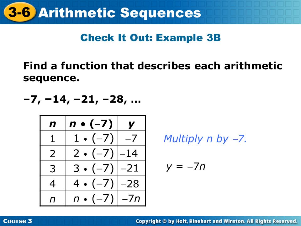 Check It Out: Example 3B Find a function that describes each arithmetic sequence. –7, –14, –21, –28, …