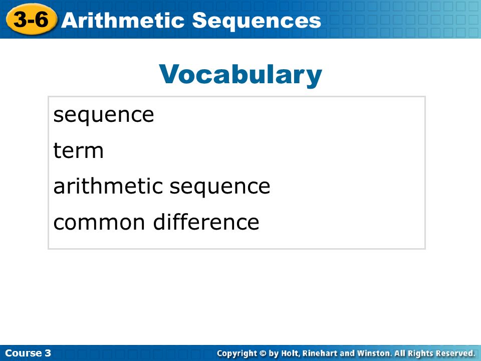 Vocabulary sequence term arithmetic sequence common difference
