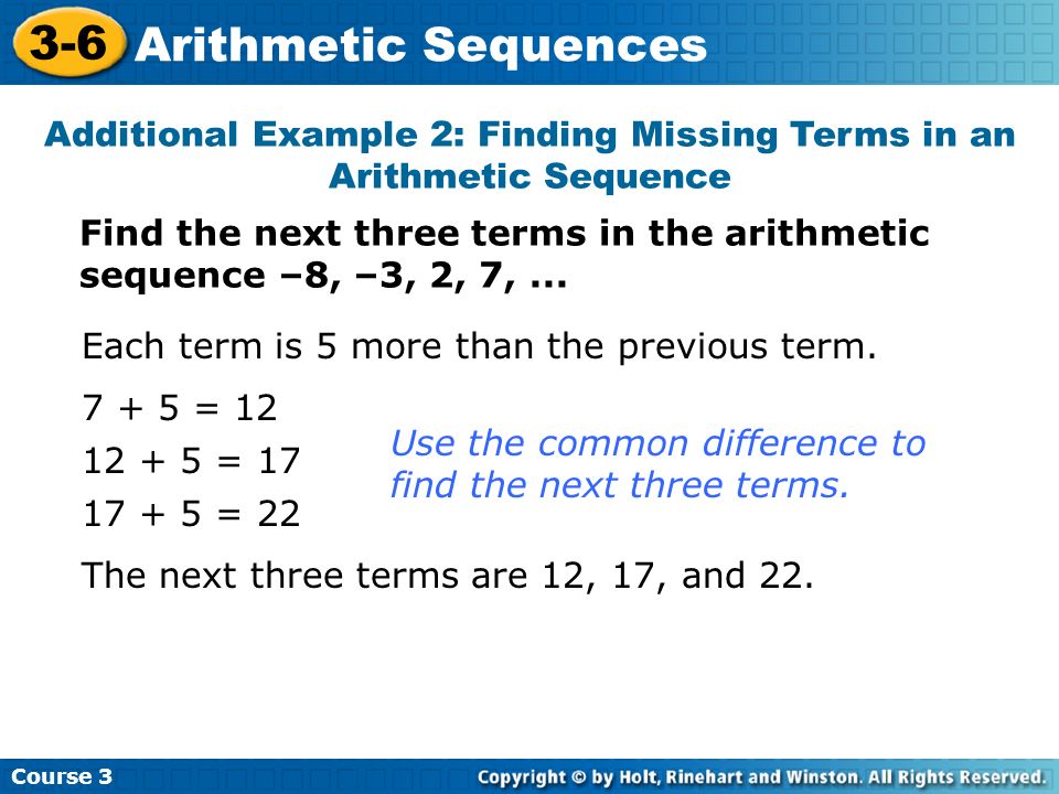 Additional Example 2: Finding Missing Terms in an Arithmetic Sequence