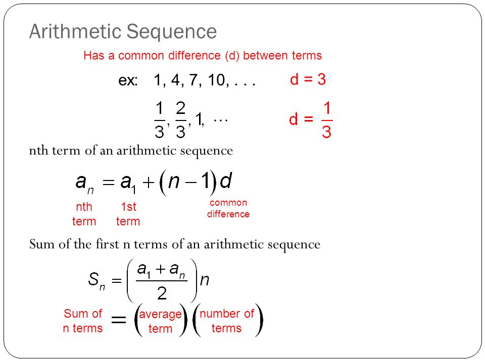 Arithmetic Sequence ex: 1, 4, 7, 10, d = 3.