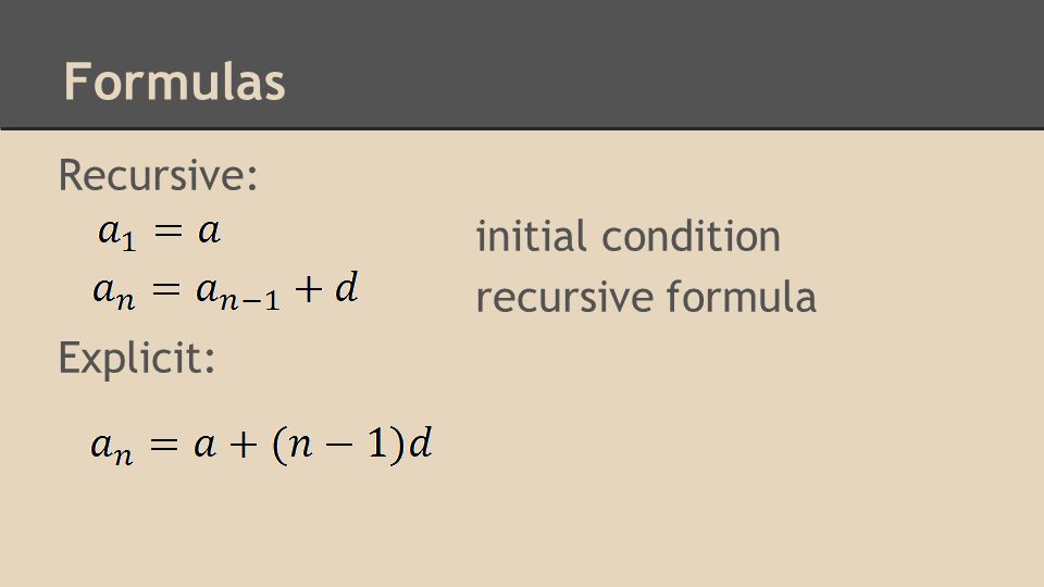 Formulas Recursive: initial condition recursive formula Explicit: