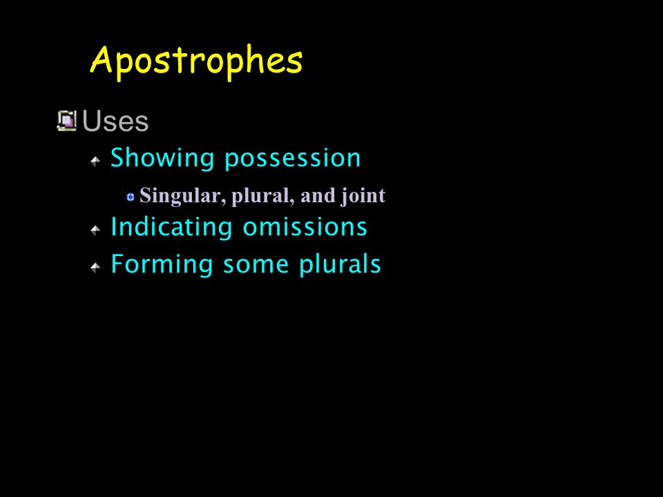 Apostrophes Uses Showing possession Indicating omissions