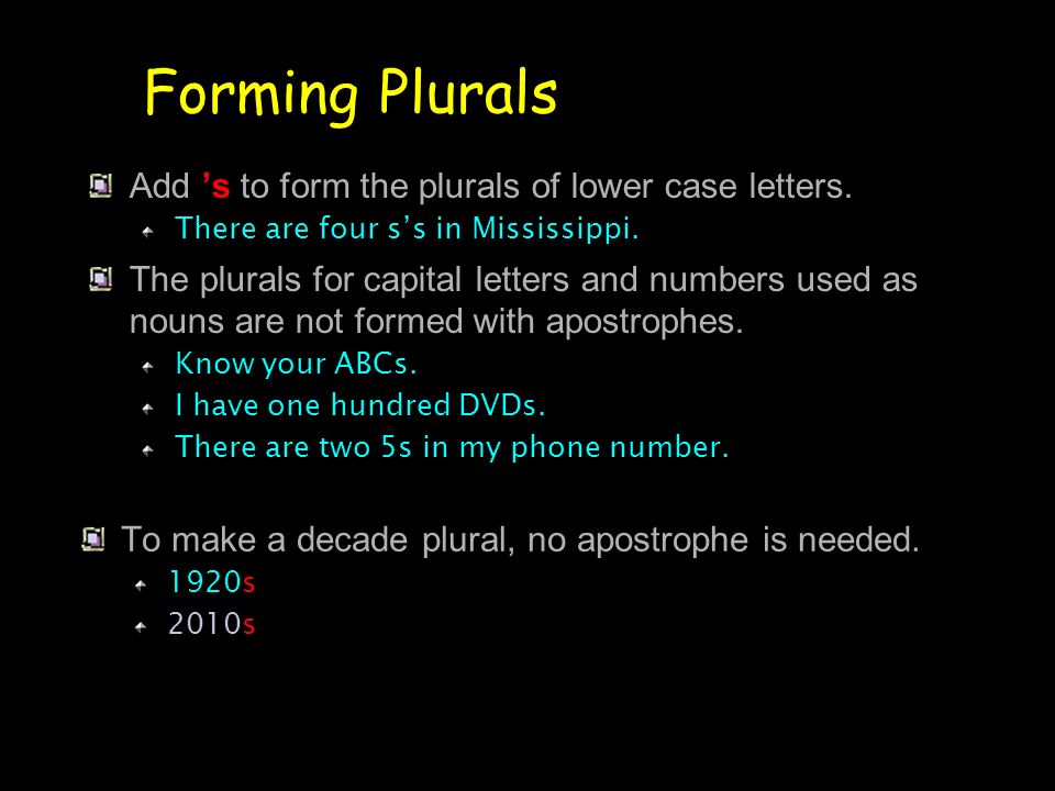 Forming Plurals Add ’s to form the plurals of lower case letters.