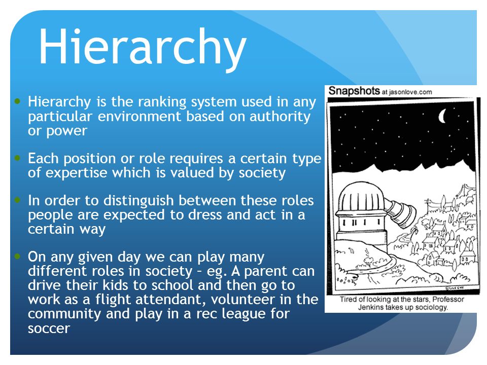 Hierarchy Hierarchy is the ranking system used in any particular environment based on authority or power.