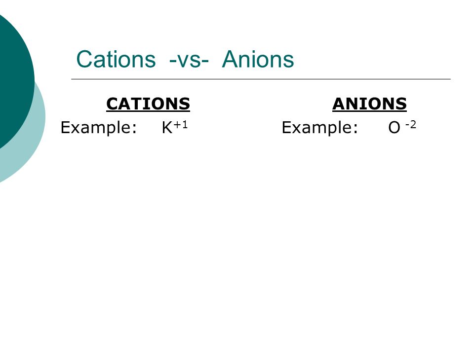 Cations -vs- Anions CATIONS Example: K+1 ANIONS Example: O -2