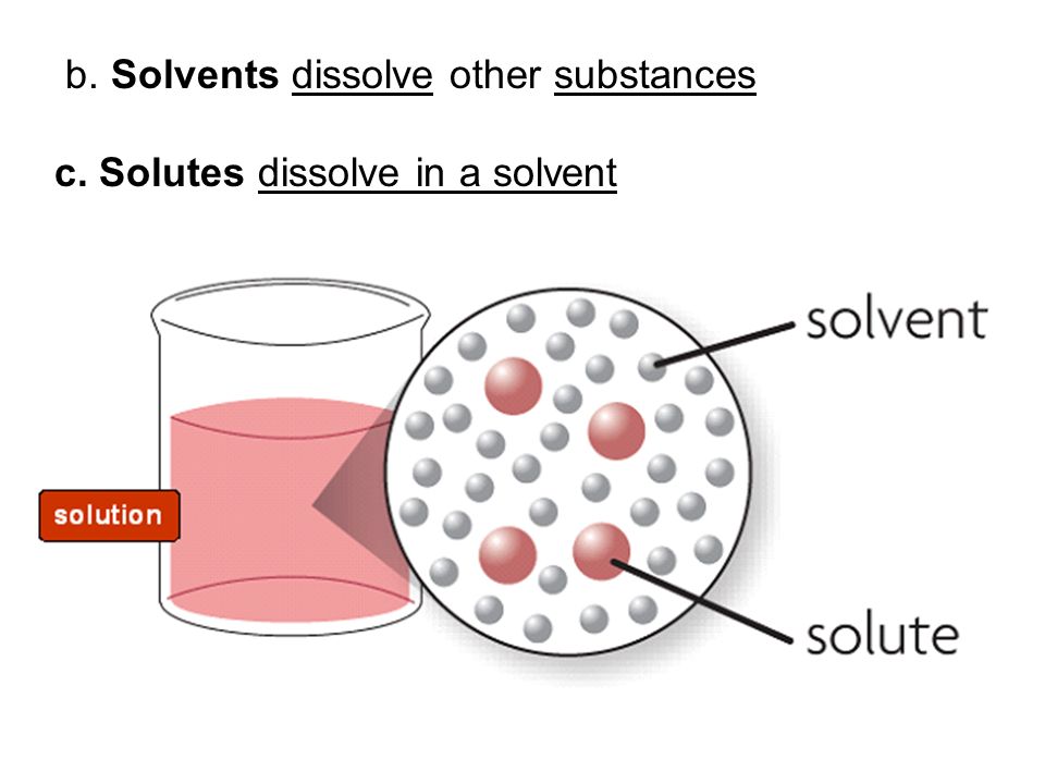 b. Solvents dissolve other substances c. Solutes dissolve in a solvent