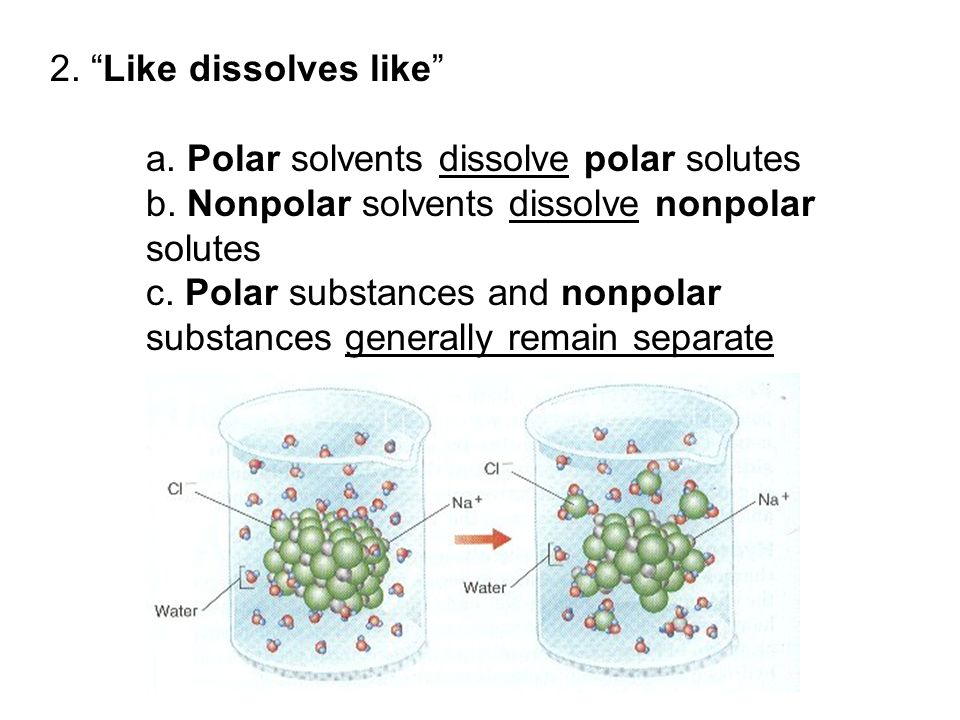 a. Polar solvents dissolve polar solutes