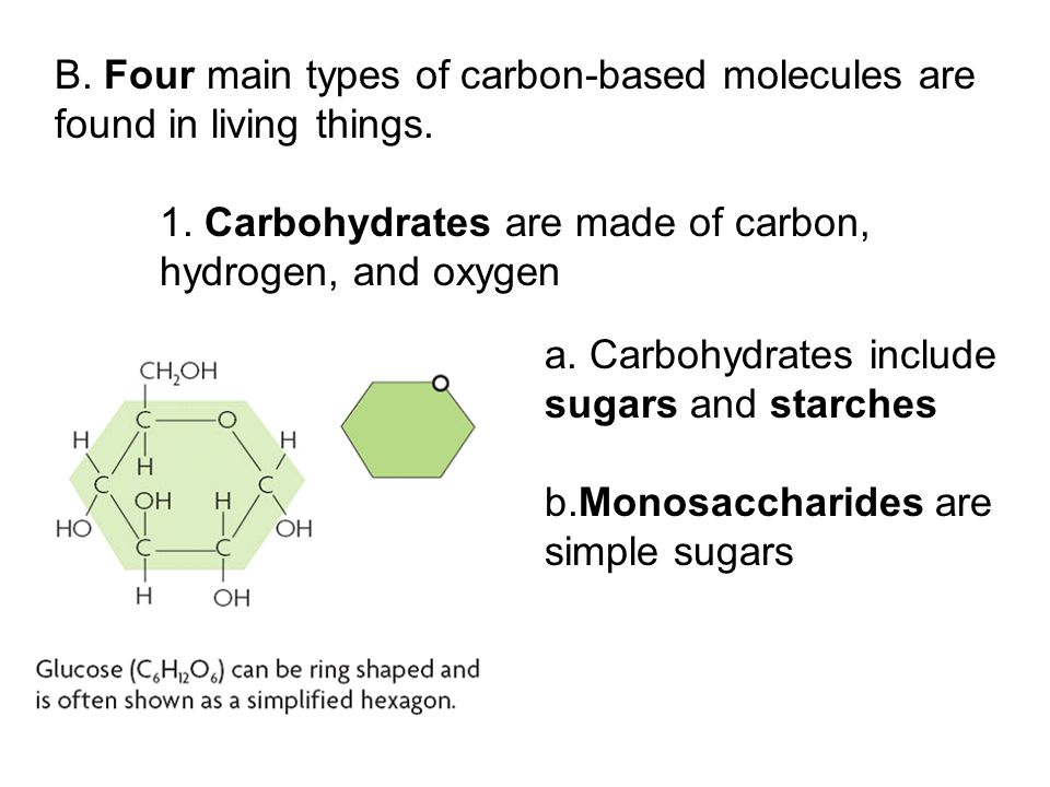 1. Carbohydrates are made of carbon, hydrogen, and oxygen