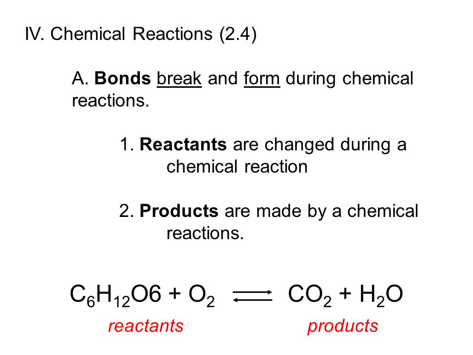 C6H12O6 + O2 CO2 + H2O IV. Chemical Reactions (2.4)