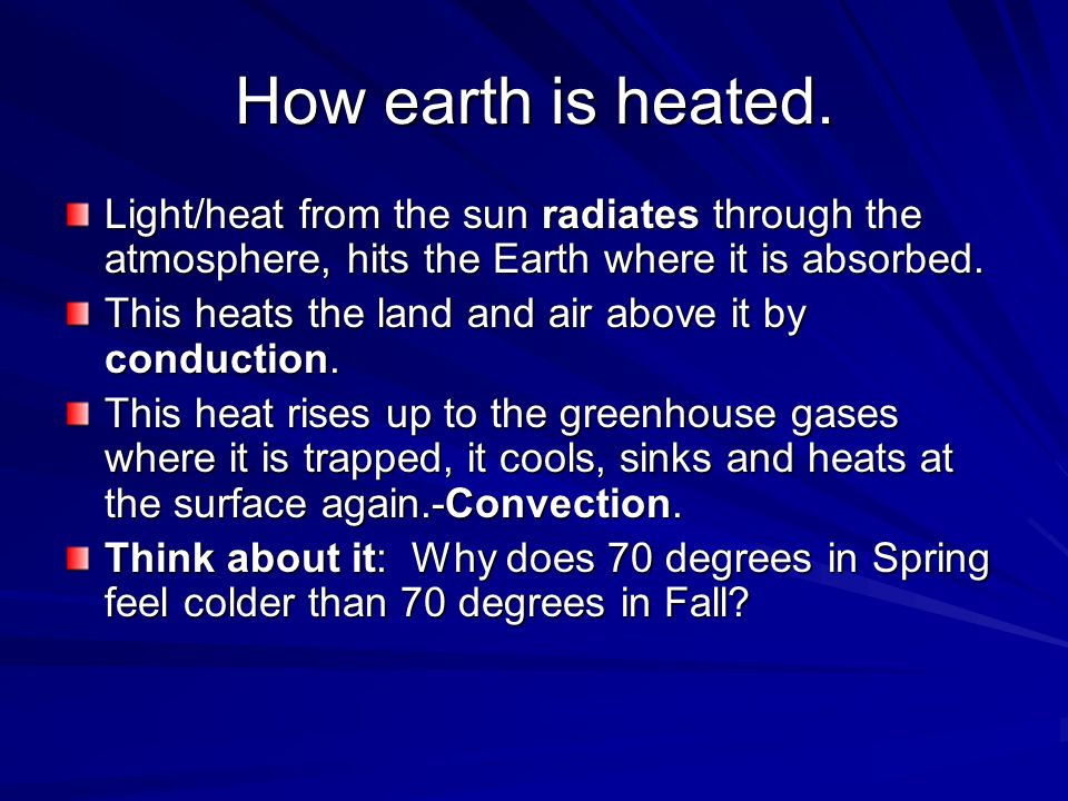 How earth is heated. Light/heat from the sun radiates through the atmosphere, hits the Earth where it is absorbed.
