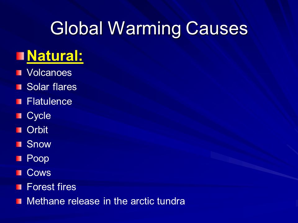 Global Warming Causes Natural: Volcanoes Solar flares Flatulence Cycle