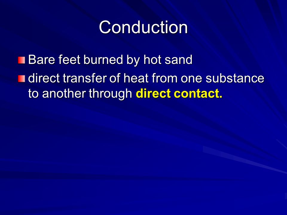 Conduction Bare feet burned by hot sand
