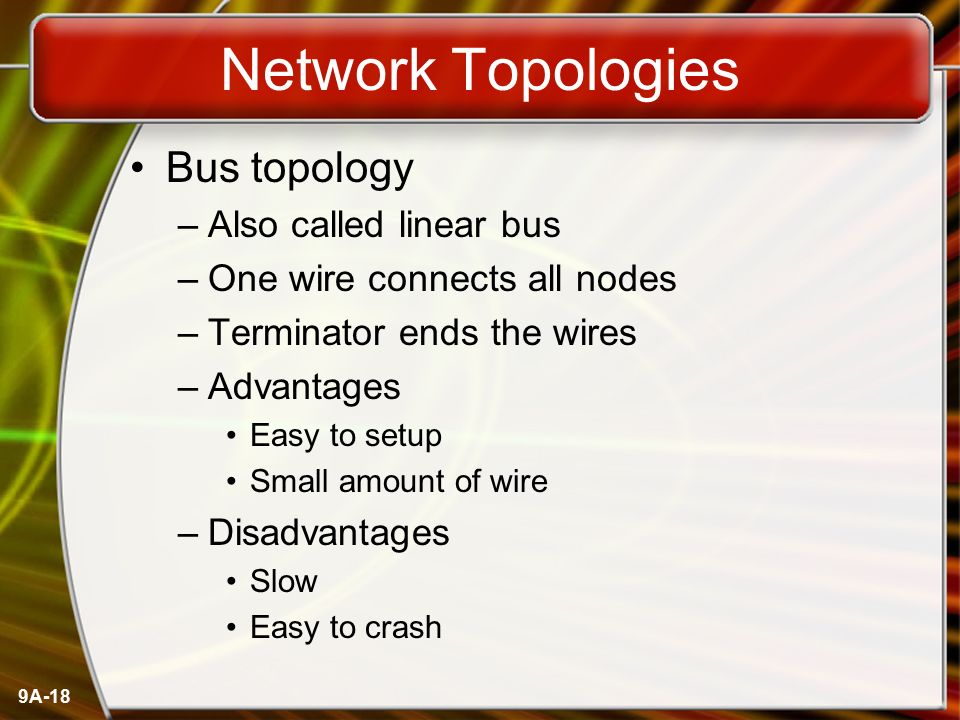 Network Topologies Bus topology Also called linear bus