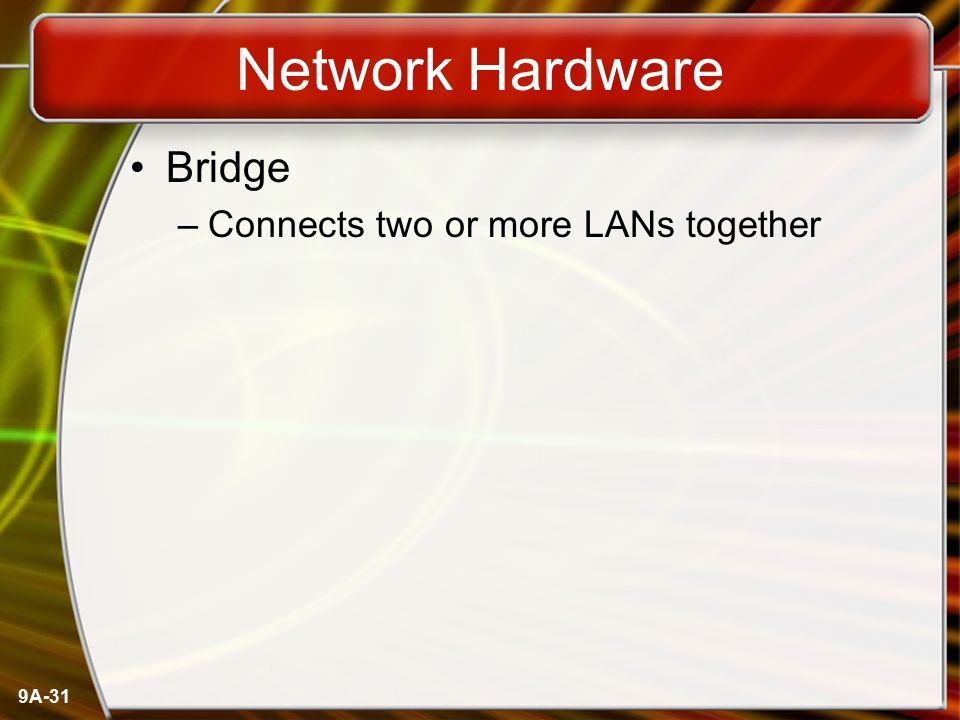 Network Hardware Bridge Connects two or more LANs together