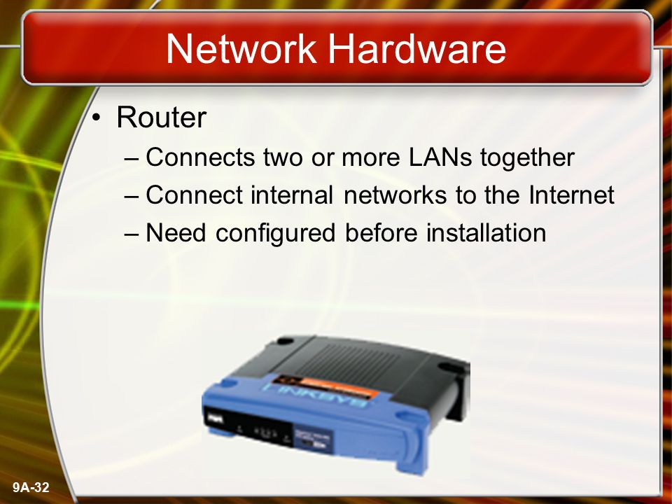 Network Hardware Router Connects two or more LANs together
