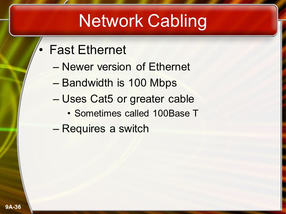 Network Cabling Fast Ethernet Newer version of Ethernet