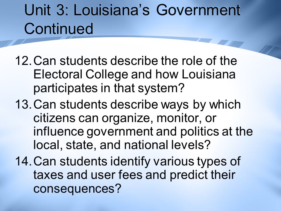 Unit 3: Louisiana’s Government Continued