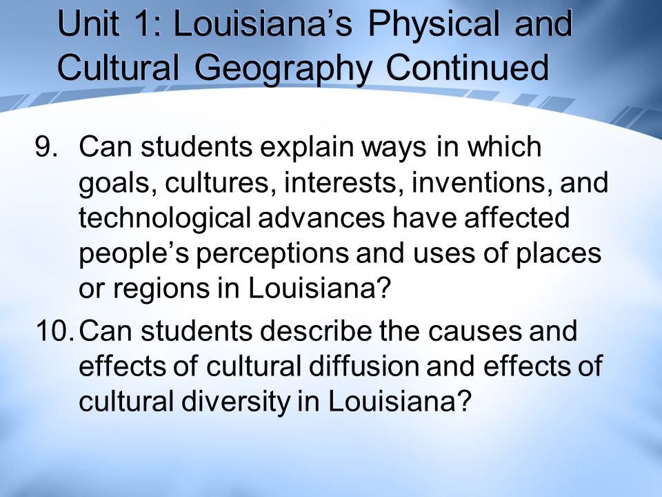 Unit 1: Louisiana’s Physical and Cultural Geography Continued