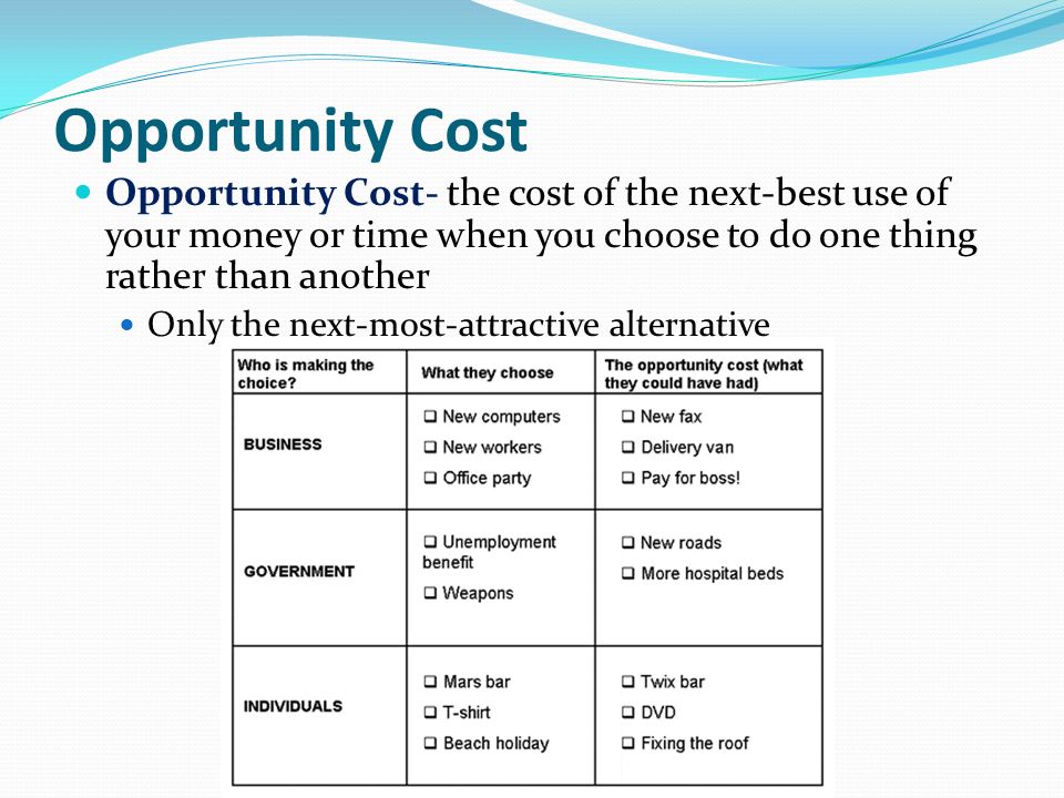 Opportunity Cost Opportunity Cost- the cost of the next-best use of your money or time when you choose to do one thing rather than another.