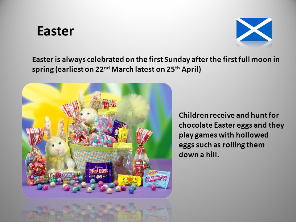 Easter Easter is always celebrated on the first Sunday after the first full moon in. spring (earliest on 22nd March latest on 25th April)