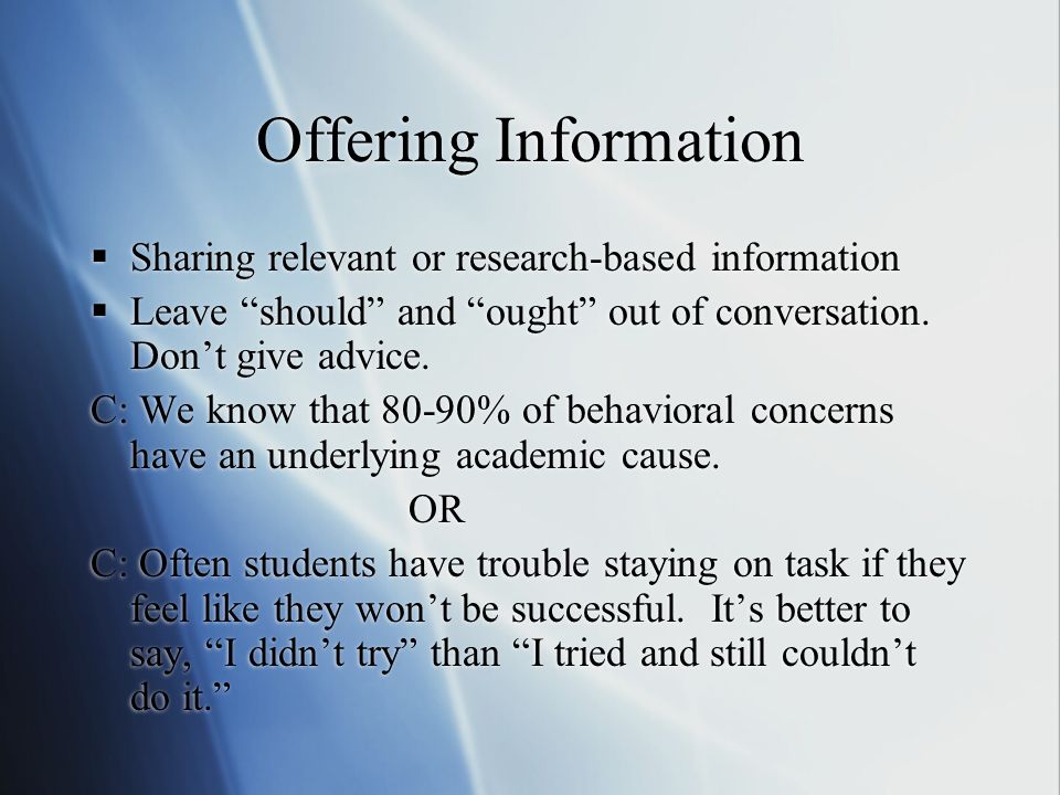 Offering Information Sharing relevant or research-based information
