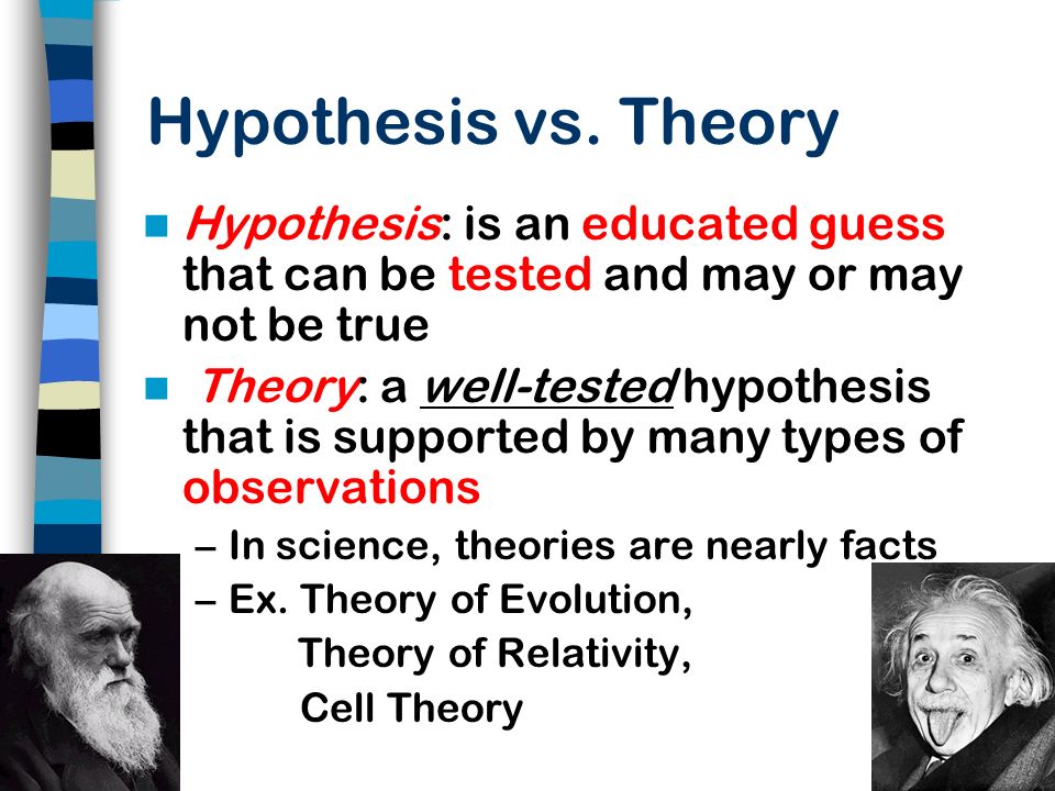 Hypothesis vs. Theory Hypothesis: is an educated guess that can be tested and may or may not be true.