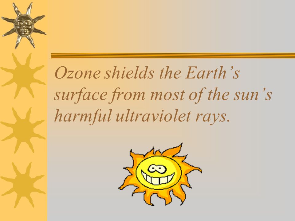 Ozone shields the Earth’s surface from most of the sun’s harmful ultraviolet rays.
