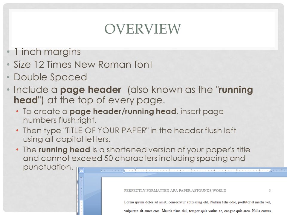 Overview 1 inch margins Size 12 Times New Roman font Double Spaced